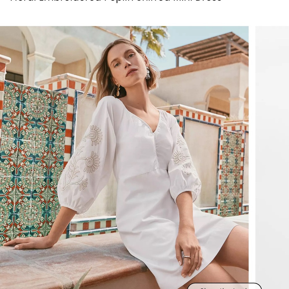Loft White Dress with floral Embroidered Poplin Shirred Mini Dress